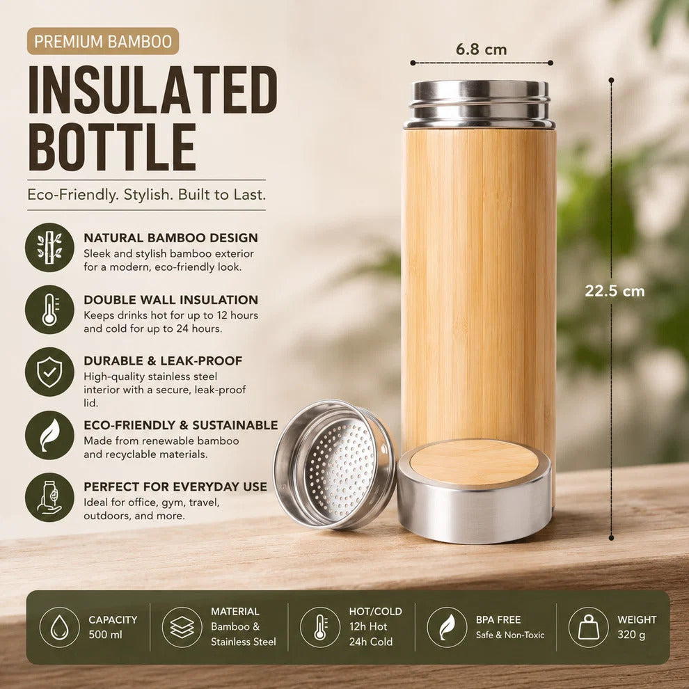 A bamboo insulated bottle with a silver lid is shown on a wooden surface with its lid removed, alongside text describing features and dimensions (6.8 cm diameter, 22.