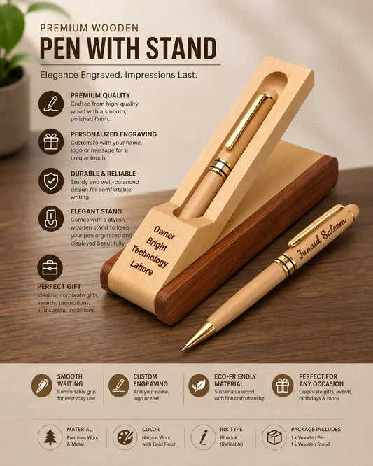 Wooden Pen with Engraved Wooden Stand