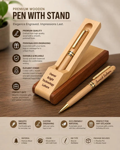 Wooden Pen with Engraved Wooden Stand