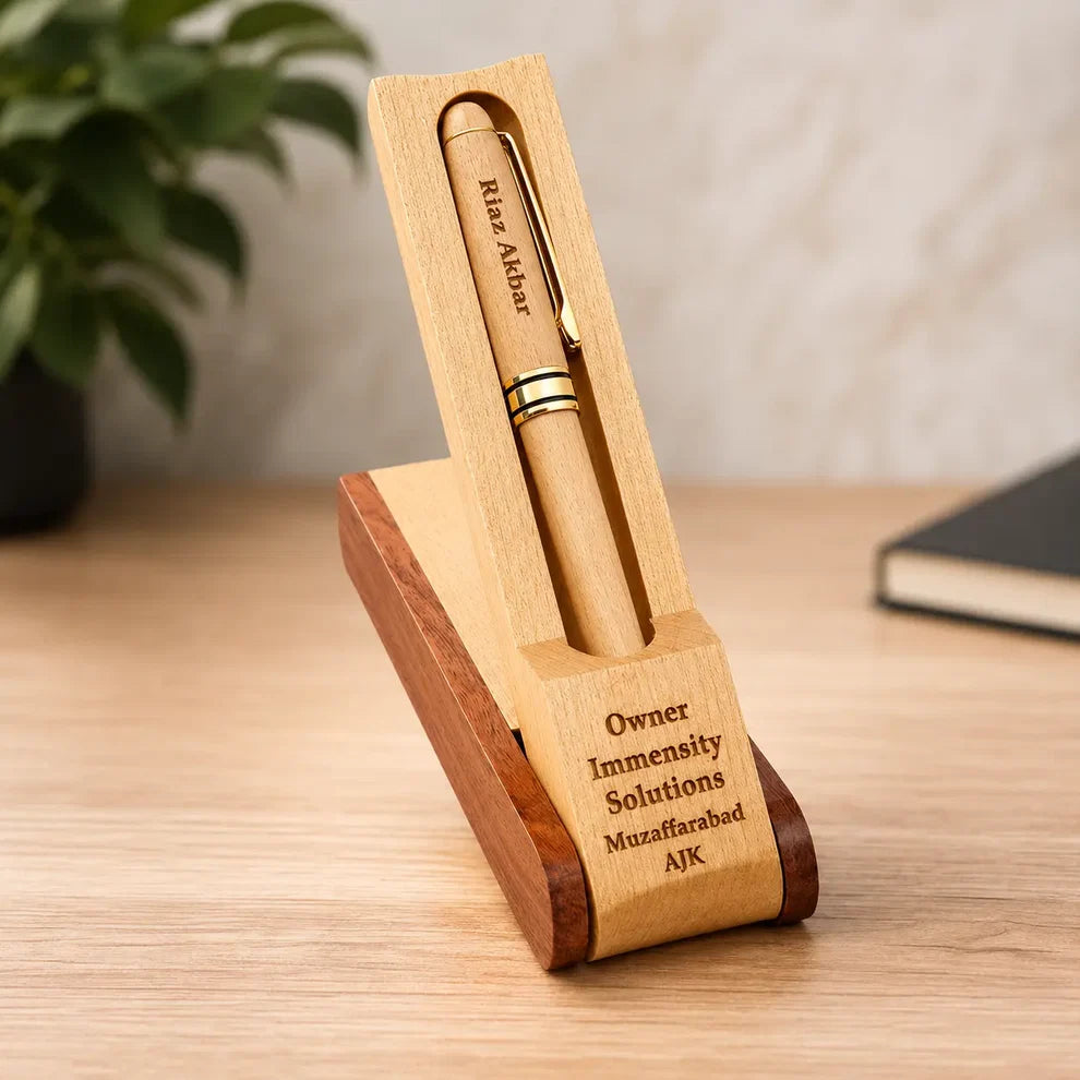 Wooden Pen with Engraved Wooden Stand