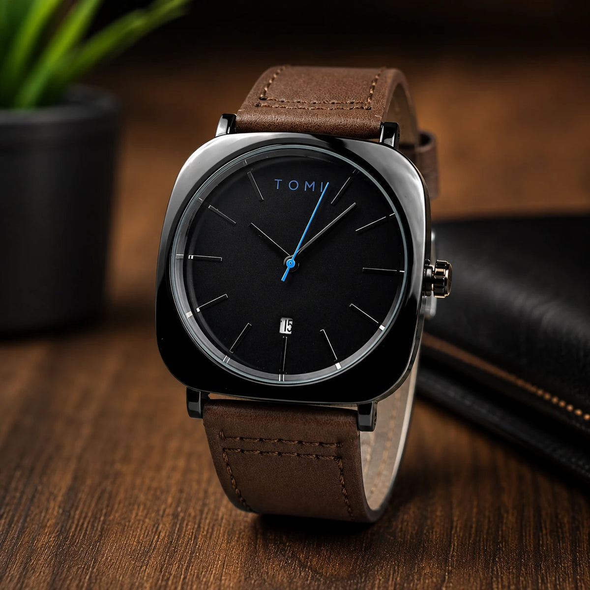 TOMI Men’s Black Dial Brown Leather Strap Watch