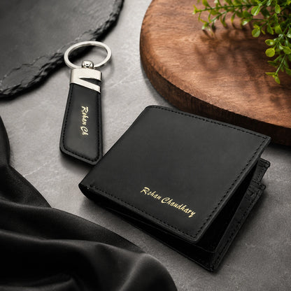 black wallet and matching keychain